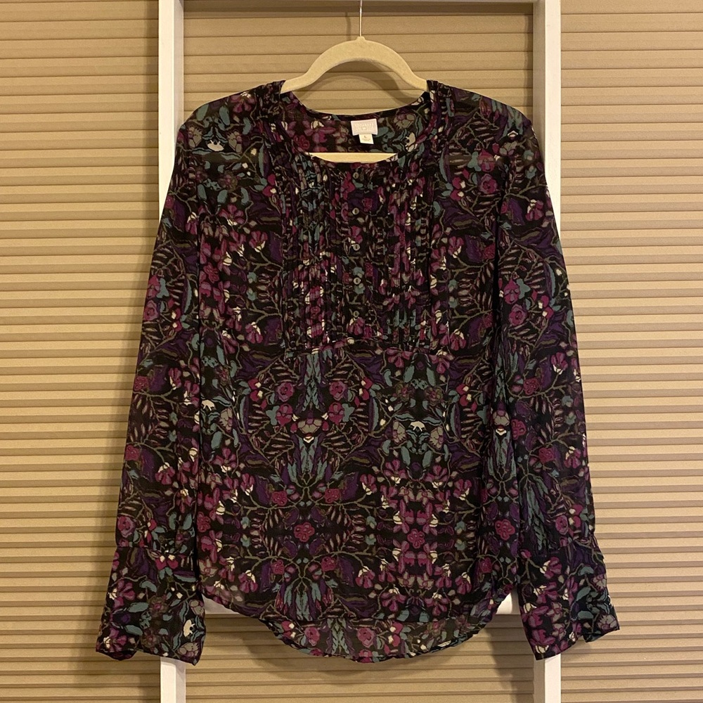 Converse One Star Boho Floral Pintuck Sheer Blouse Top Size Large
